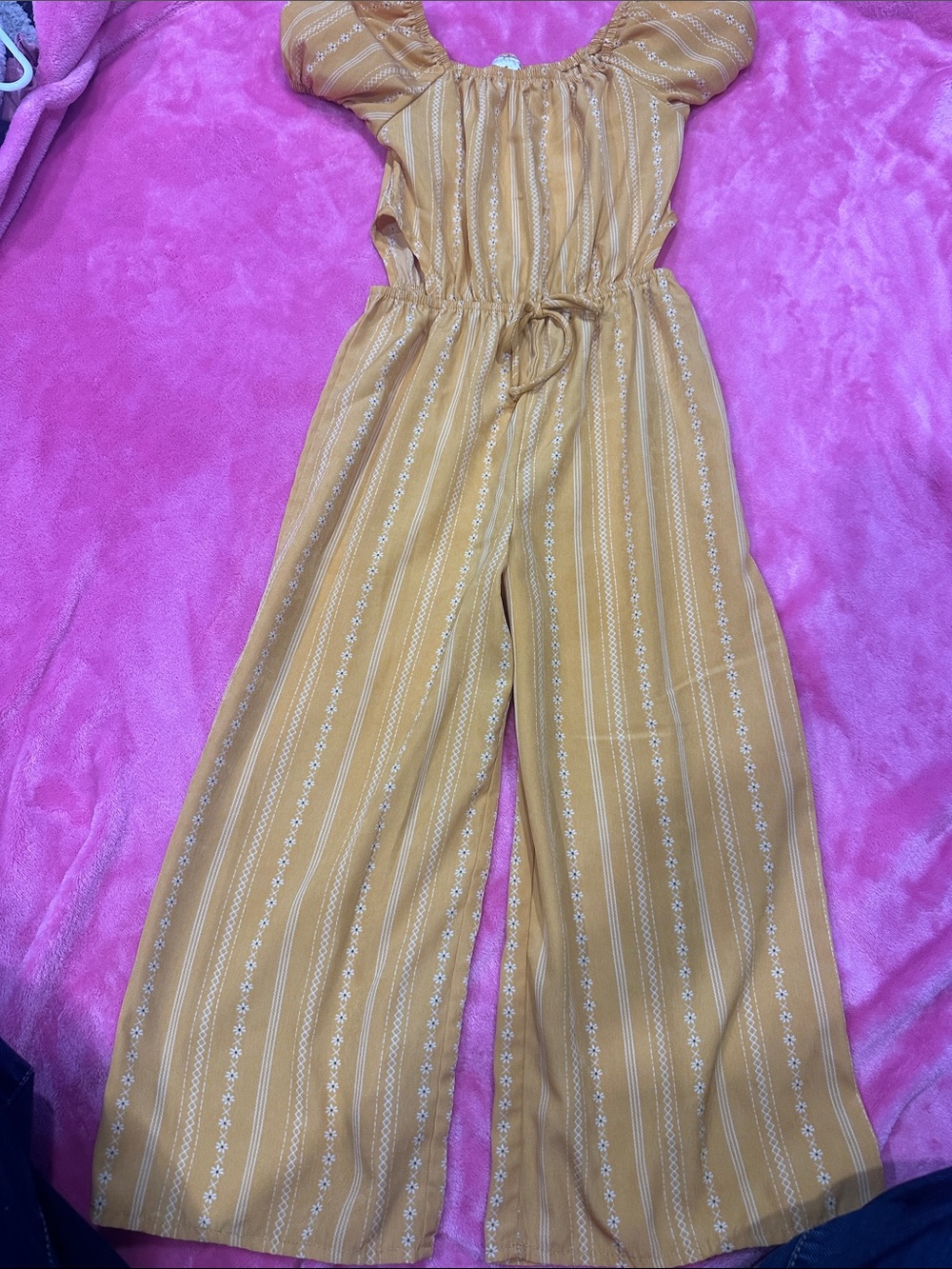 Mustard Yellow Wide-Leg Smocked-Waist Jumpsuit with Puff Sleeves